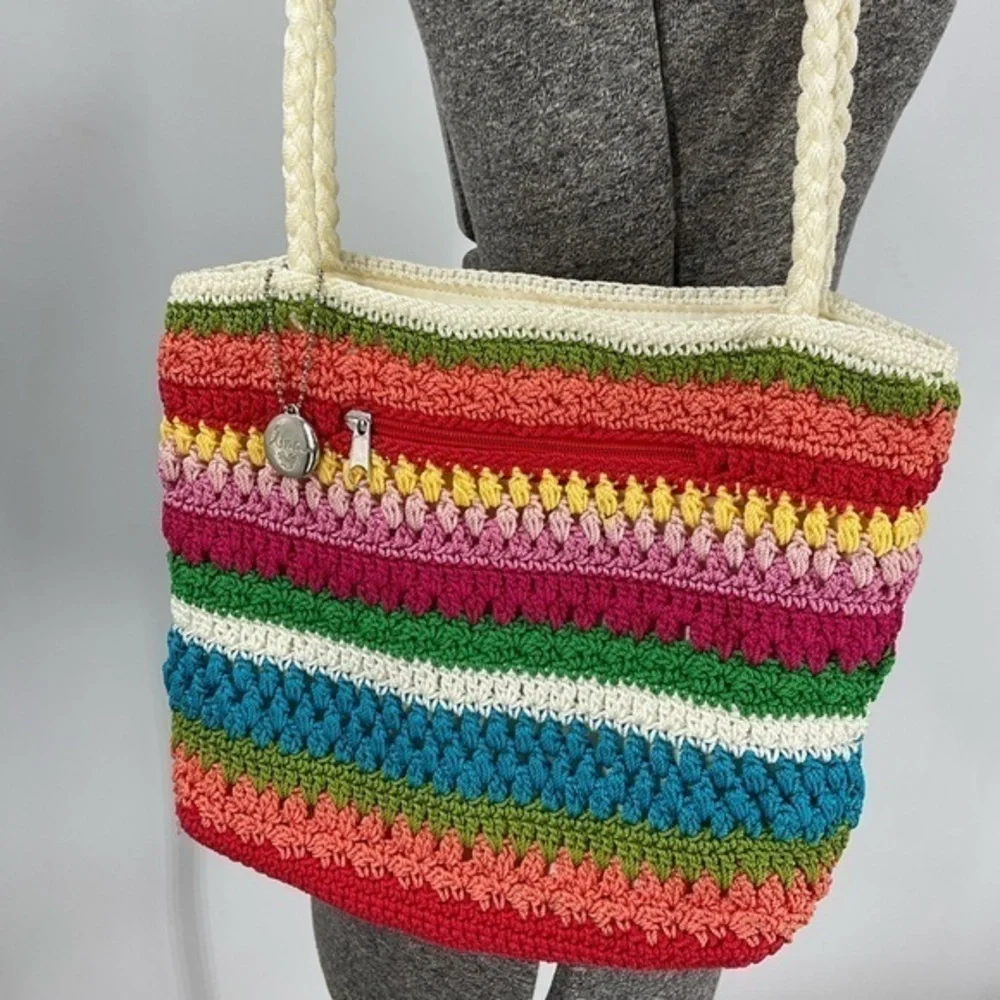 Lina Rainbow colored boho crocheted braided handle shoulder purse